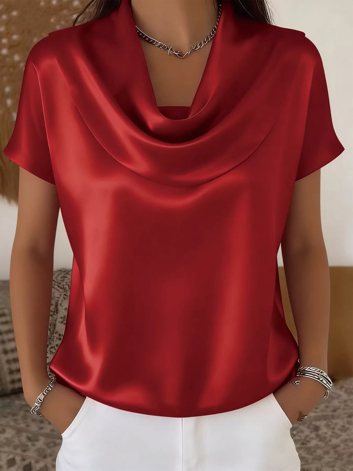 Cowl Neck Short Sleeve Blouse