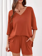 Casual Solid Color V-neck Top Shorts Set (10)