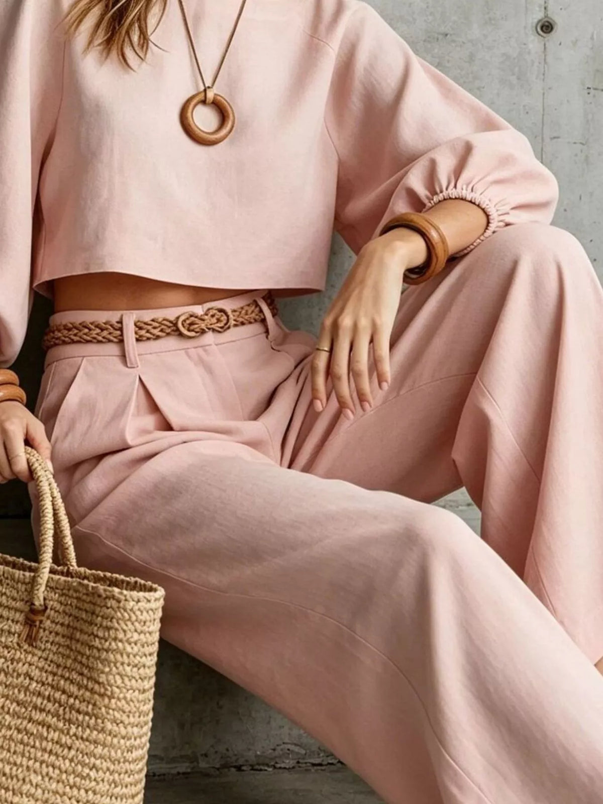 Balloon Sleeve Crop Top Wide-leg Pants Set (12)