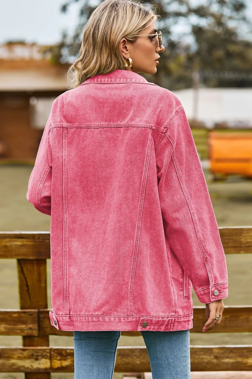 Buttoned Collared Neck Denim Jacket Pockets (12)