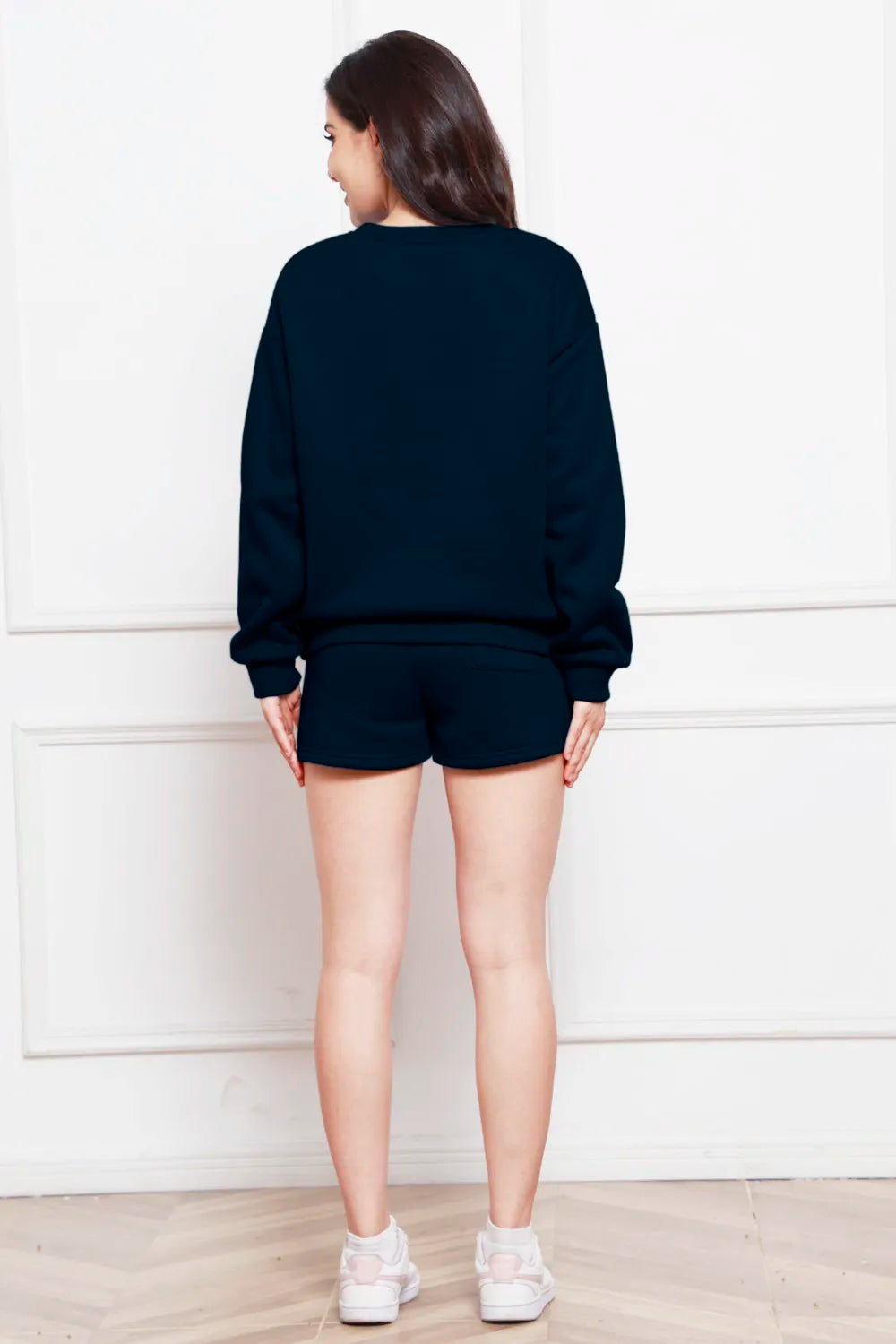 Round Neck Long Sleeve Sweatshirt Drawstring Shorts Set (15)