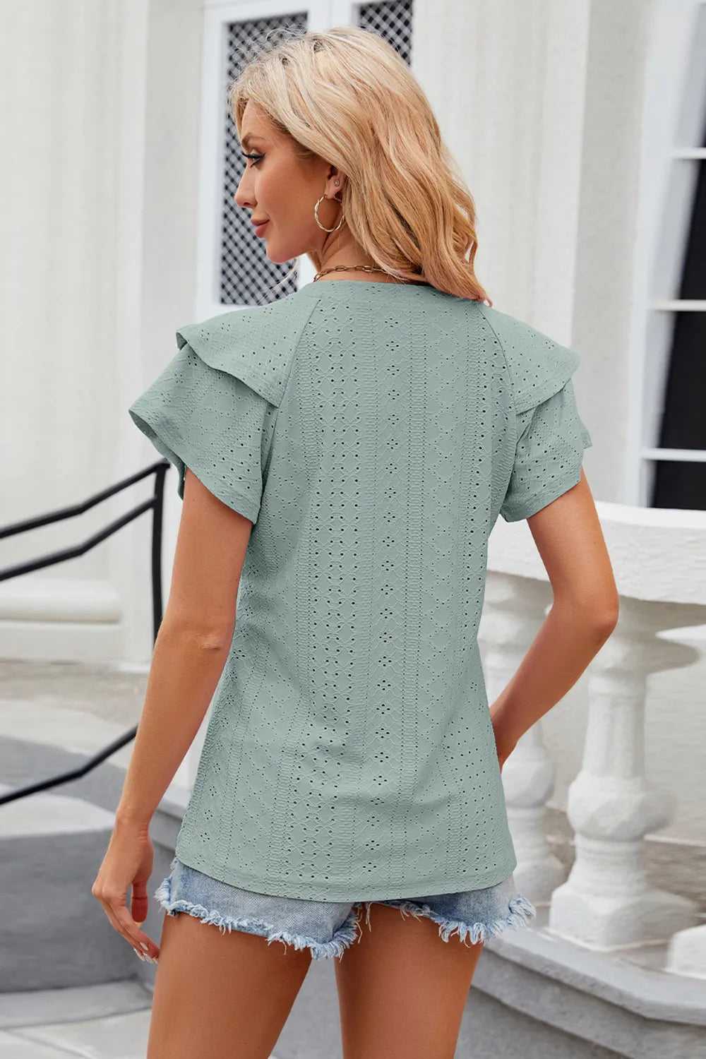 Eyelet Notched Short Sleeve T-shirt (24)