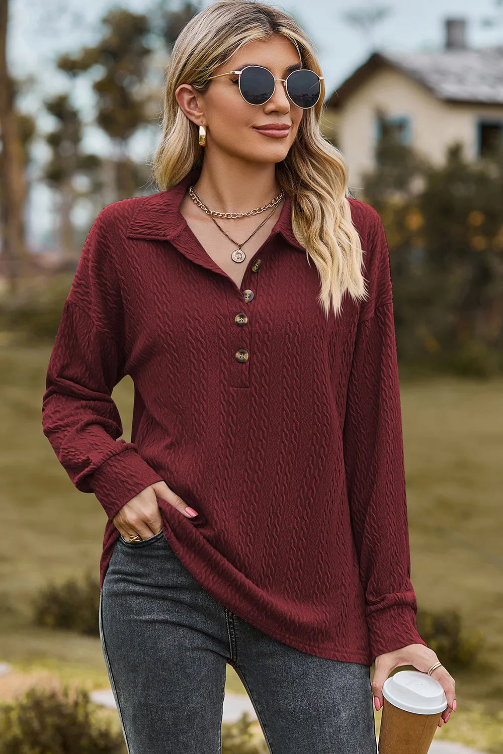 Half Button Dropped Shoulder Blouse (5)