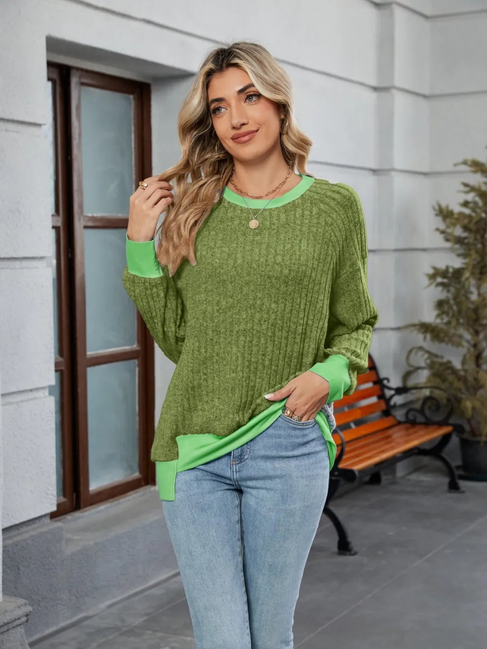 Contrast Trim Round Neck Long Sleeve T-shirt (4)