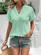 Openwork Notched Short Sleeve Blouse (4)