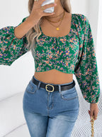Floral Balloon Sleeve Square Neck Crop Blouse (17)