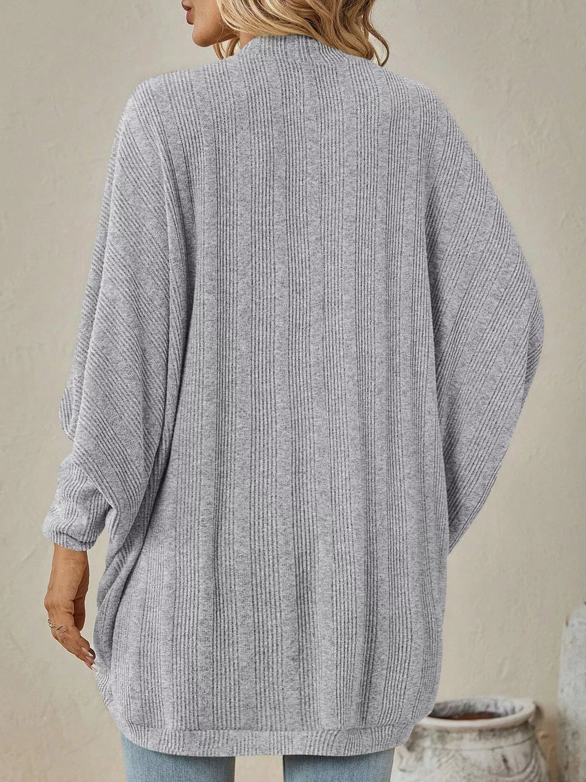 Casual Open Front Batwing Sleeve Ribbed Knit Cardigan (22)