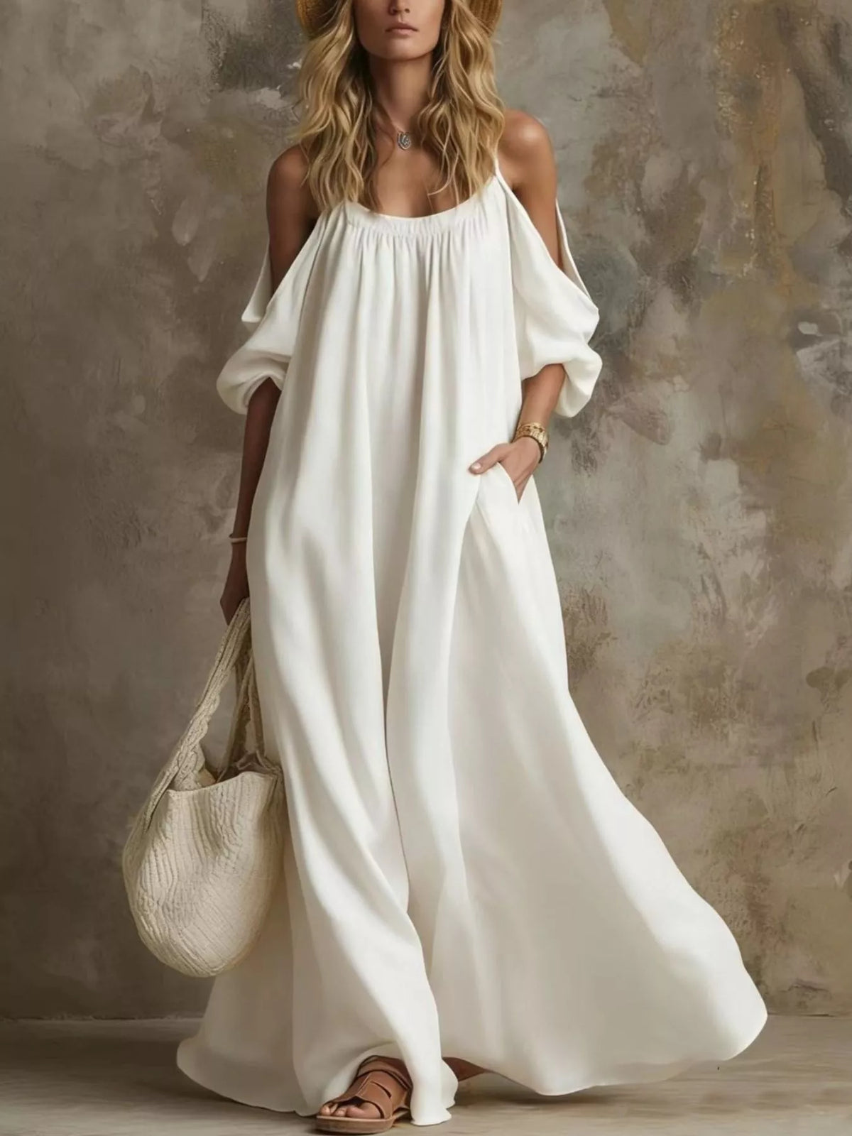 Full Size Cold-shoulder Linen Maxi Dress Plus (10)