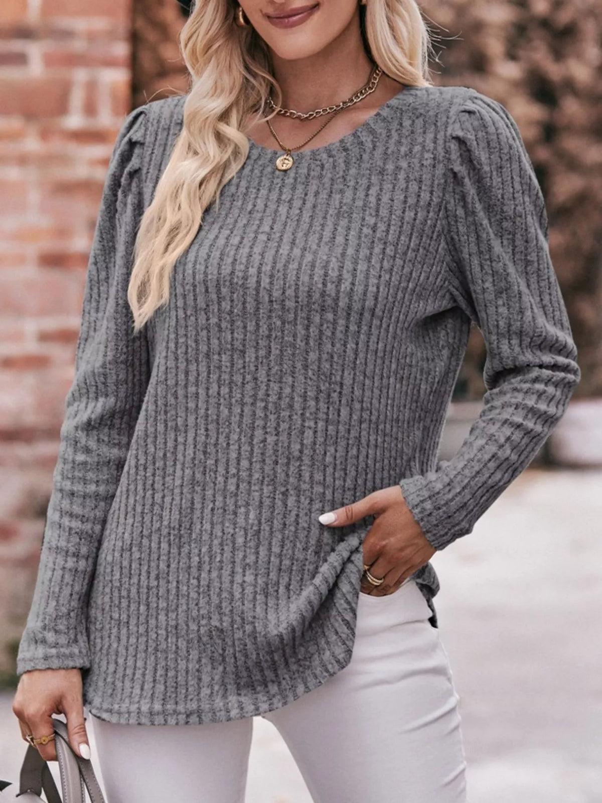 Ribbed Knit Puff Sleeve T-shirt (29)