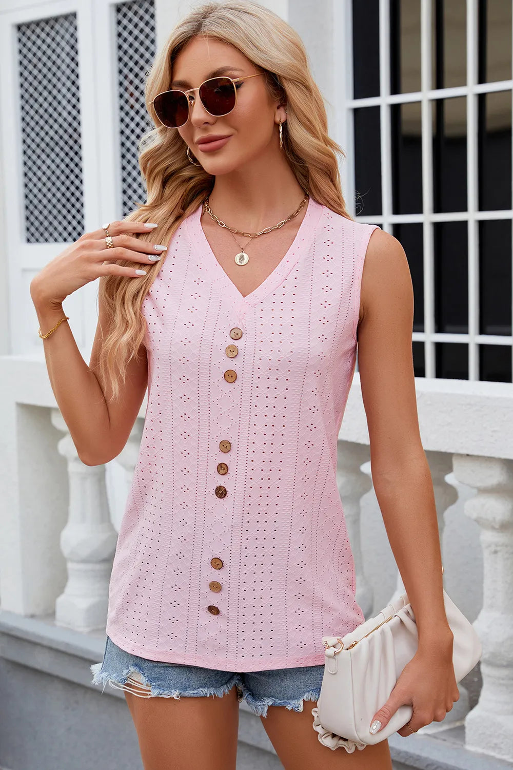 Decorative Button Eyelet V-neck Tank (4)