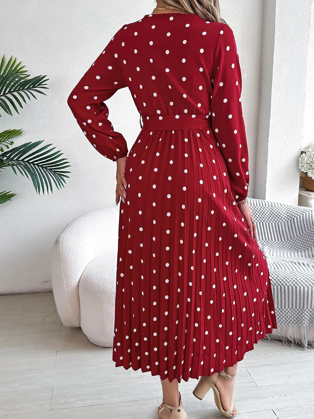 Tied Polka Dot Long Sleeve Midi Dress (21)