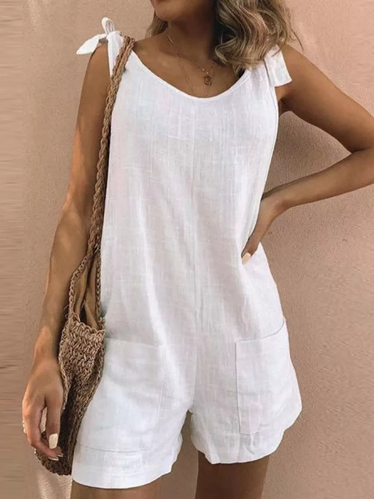 Full Size Tie-shoulder Romper Pockets Plus