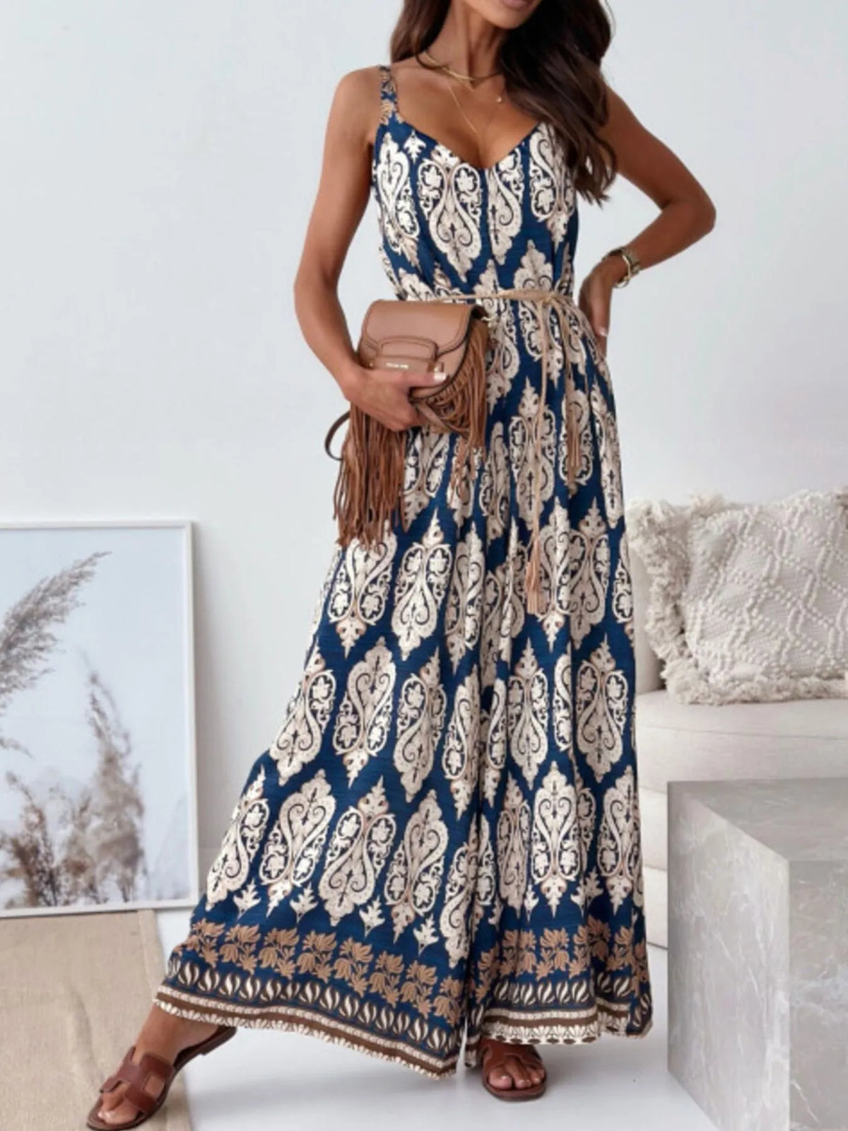 Paisley Print Spaghetti Strap Wide Leg Jumpsuit