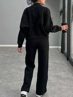 Baseball Collar Zip Up Outerwear Drawstring Pants Set (14)
