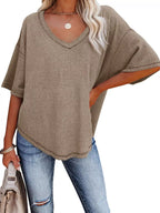 Waffle Knit V-neck Short Sleeve T-shirt (16)