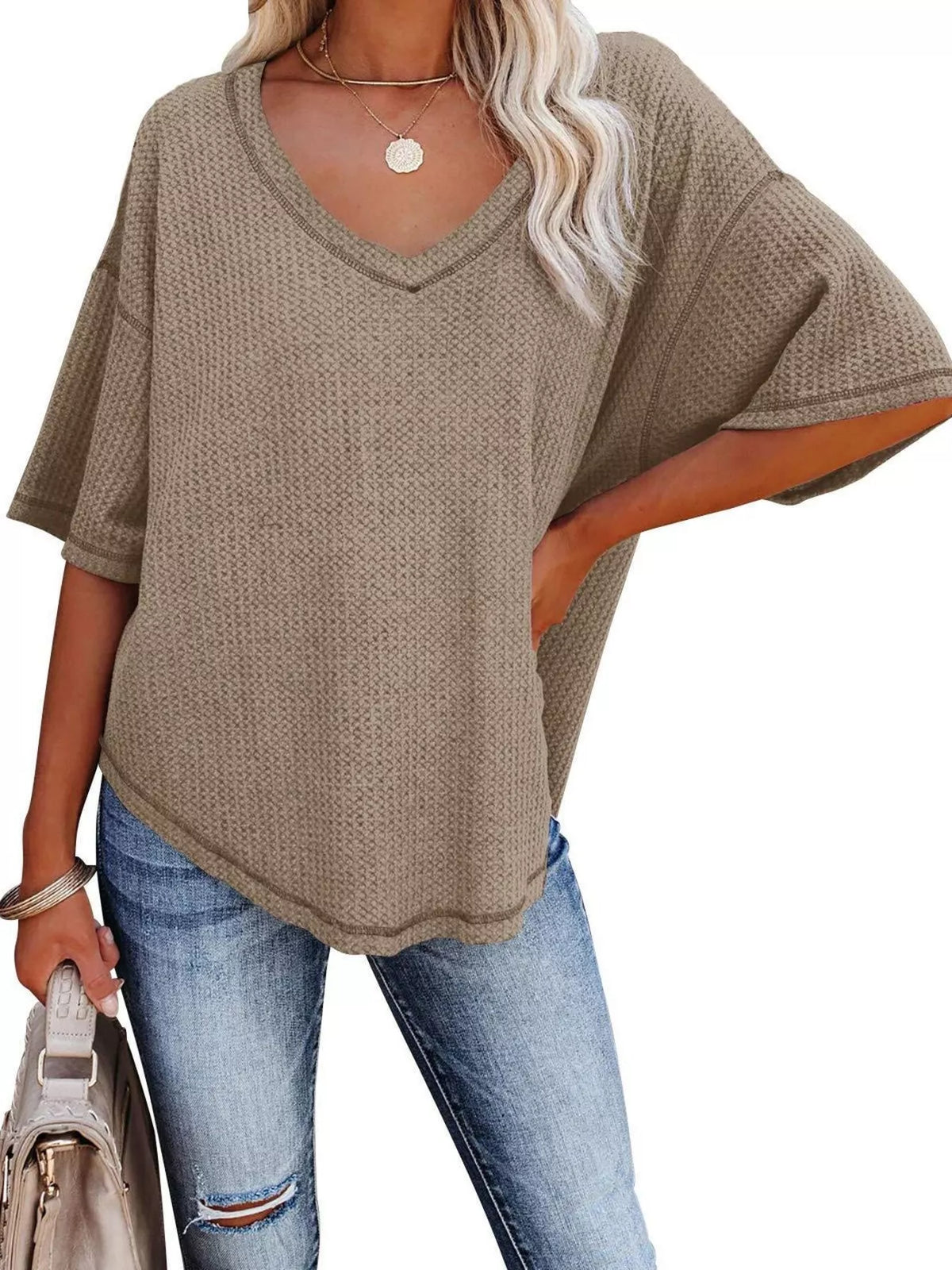 Waffle Knit V-neck Short Sleeve T-shirt (16)