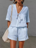 Tie-front Half Sleeve Shirt Shorts Set