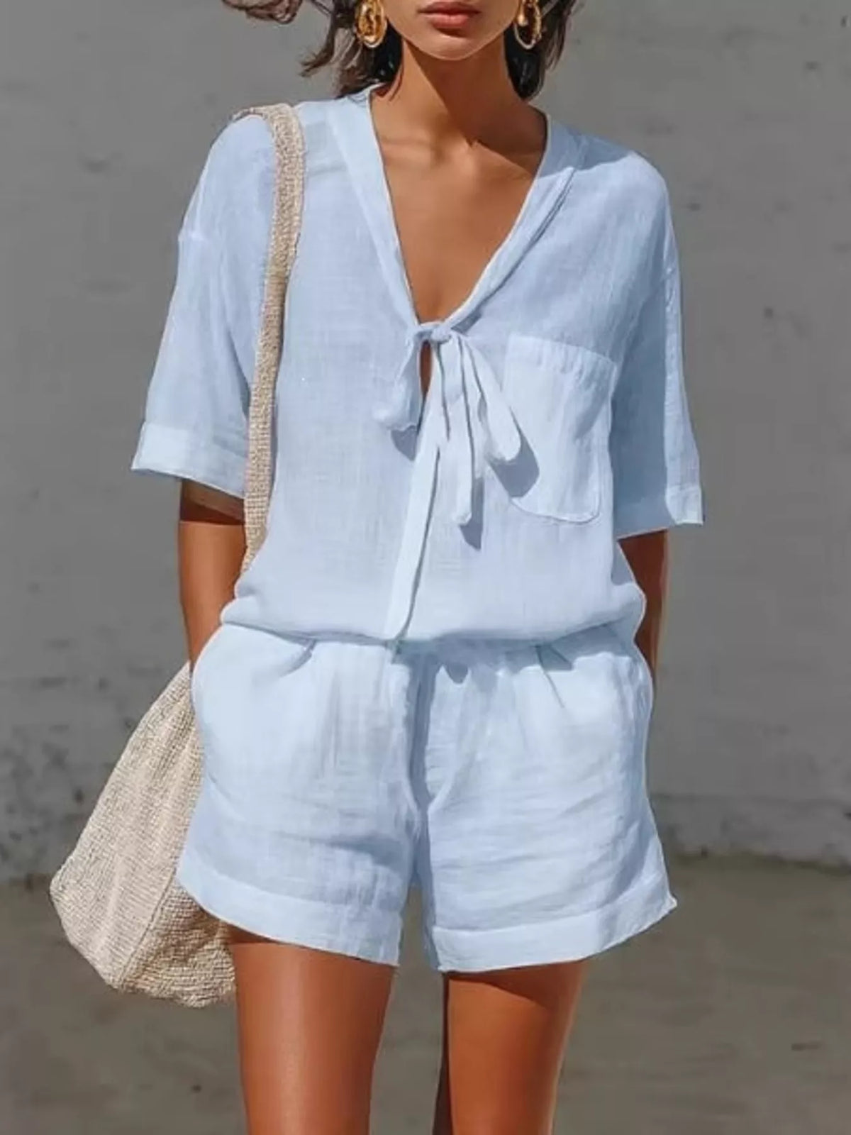 Tie-front Half Sleeve Shirt Shorts Set