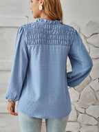 Ruched Swiss Dot Notched Balloon Sleeve T-shirt (10)