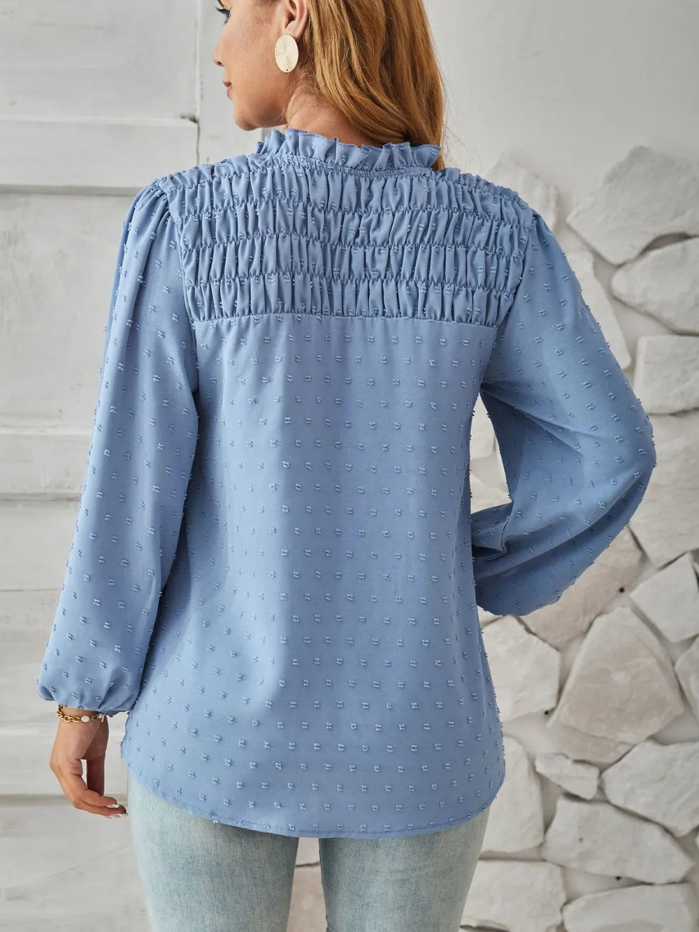 Ruched Swiss Dot Notched Balloon Sleeve T-shirt (10)