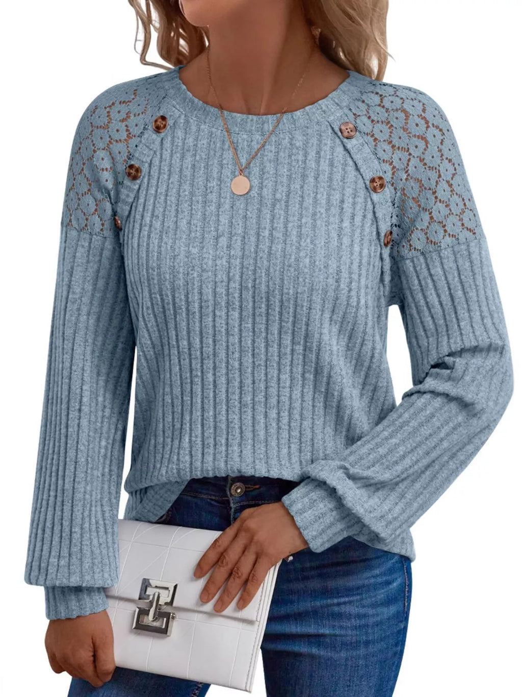 Ribbed Knit T-shirt Lace Shoulder Detail (14)