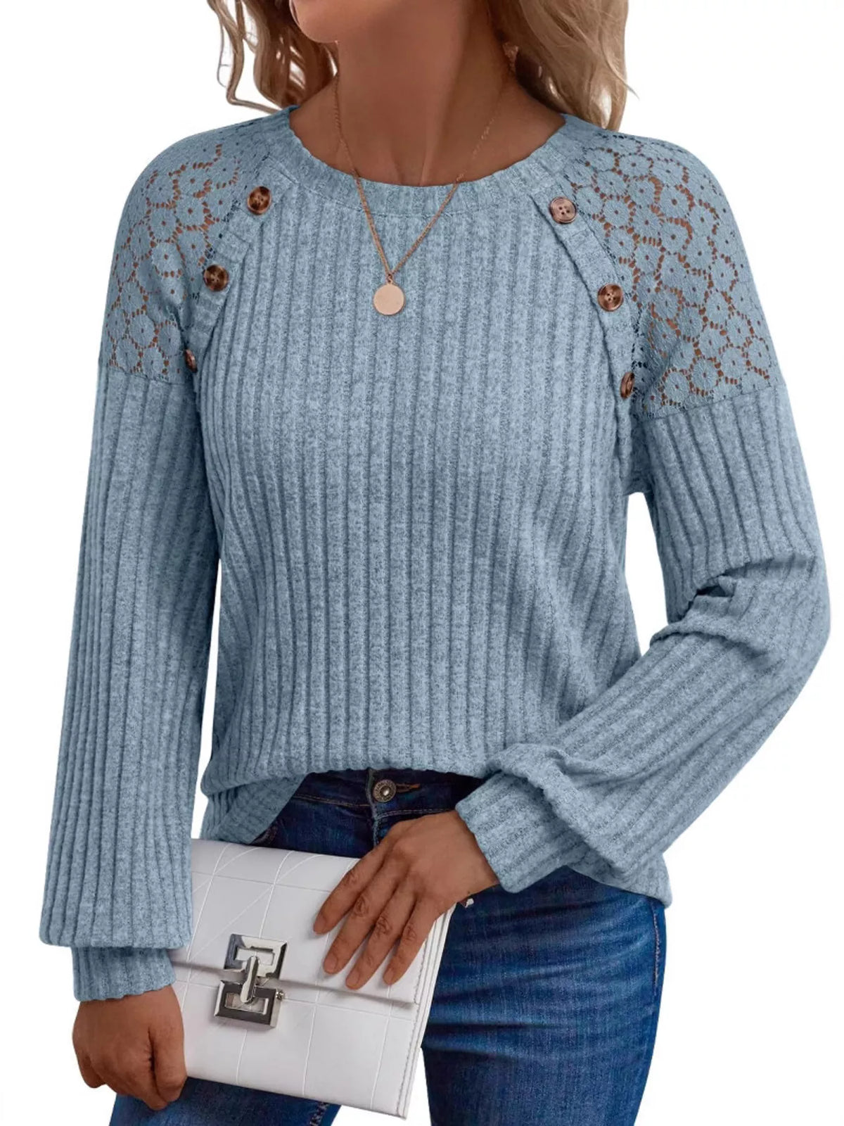 Ribbed Knit T-shirt Lace Shoulder Detail (14)