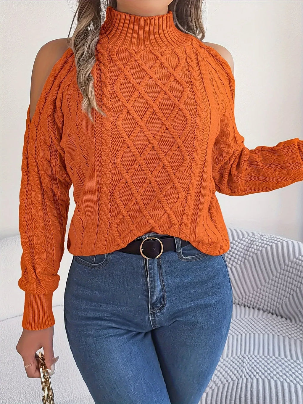 Cable Knit Cold Shoulder Turtleneck Sweater (3)