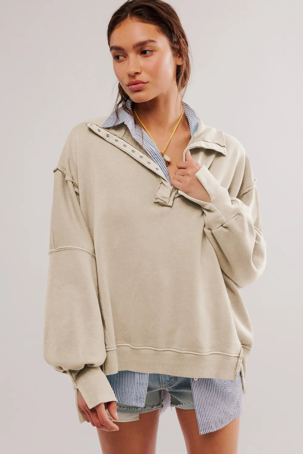 Exposed Seam Side Slit Long Sleeve Sweatshirt (11)