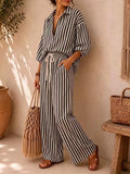 Striped Collared Shirt Wide-leg Drawstring Pants Set