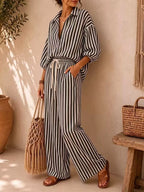 Striped Collared Shirt Wide-leg Drawstring Pants Set