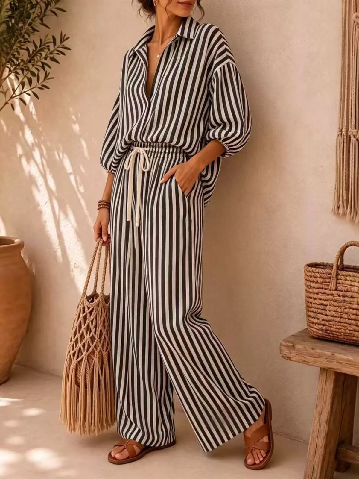 Striped Collared Shirt Wide-leg Drawstring Pants Set