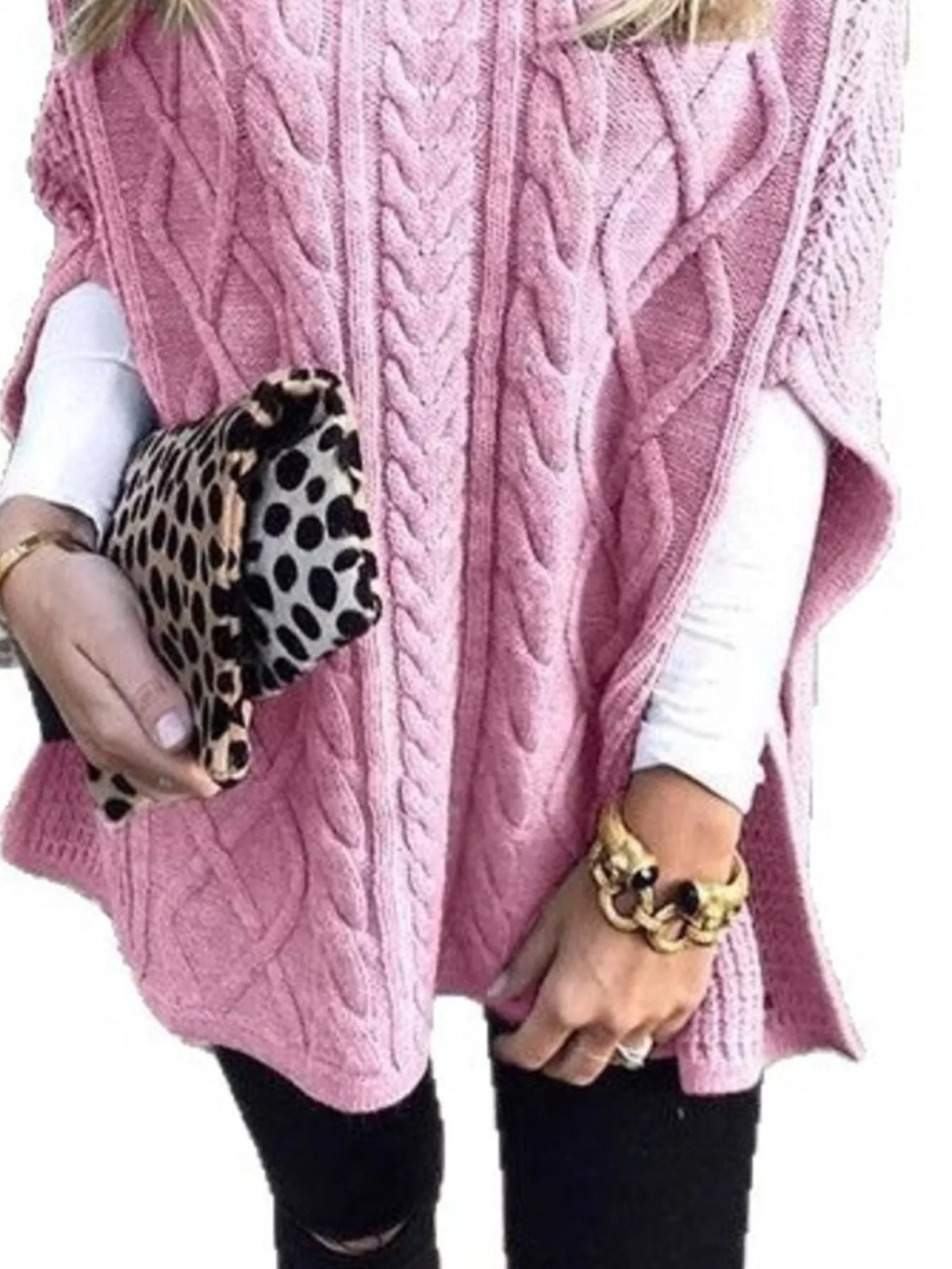 Chunky Cable Knit Turtleneck Poncho Cover Up (3)