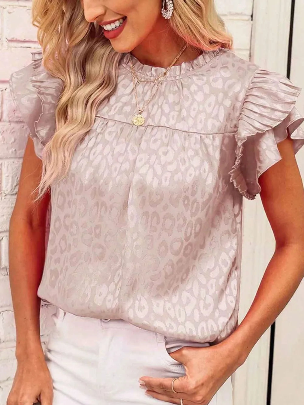 Leopard Frill Mock Neck Ruffled Cap Sleeve Top (14)