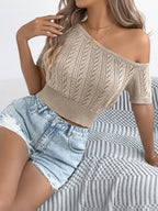 Openwork Single Shoulder Short Sleeve Knit Top (16)