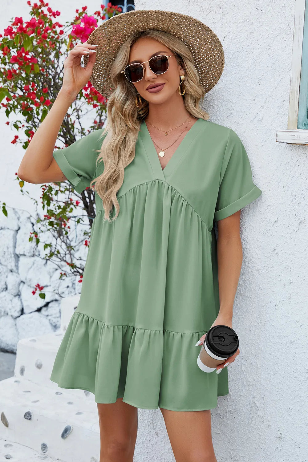 Ruched Tiered V-neck Short Sleeve Mini Dress (4)