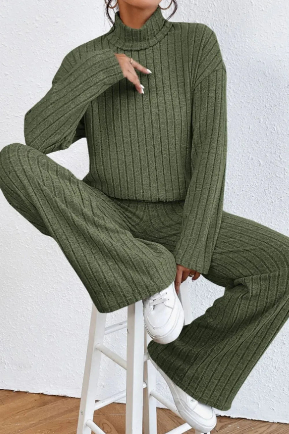 Mock Neck Dropped Shoulder Top Pants Set (15)
