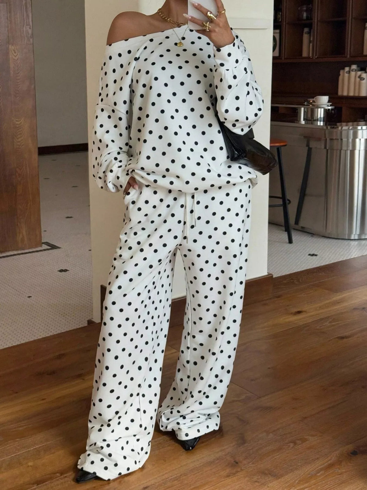 Polka Dot Boat Neck Top Pants Set (8)