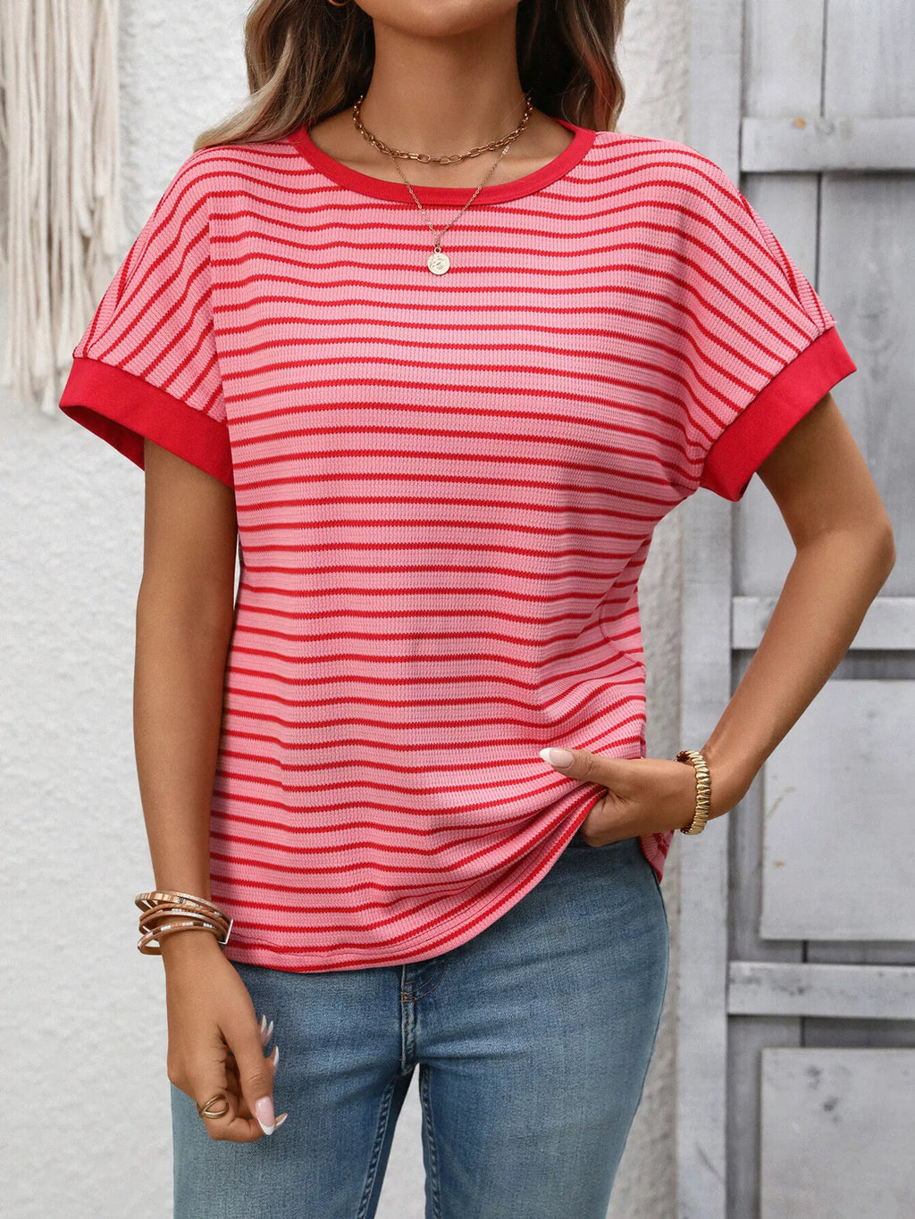 Striped Ribbed Knit Short Sleeve T-shirt (2)