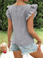 Gingham Ruffle Sleeve Square Neck Blouse (2)
