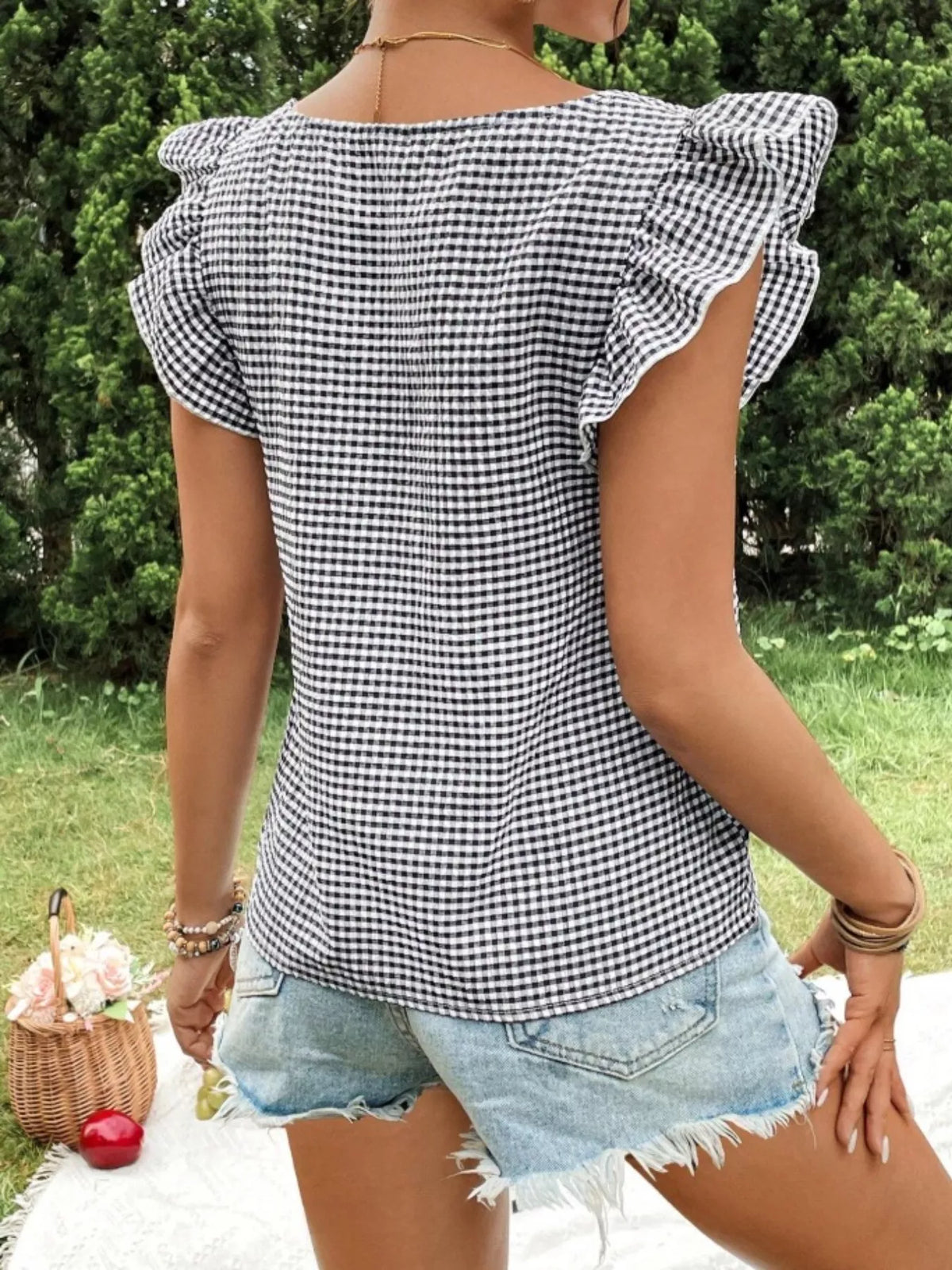 Gingham Ruffle Sleeve Square Neck Blouse (2)