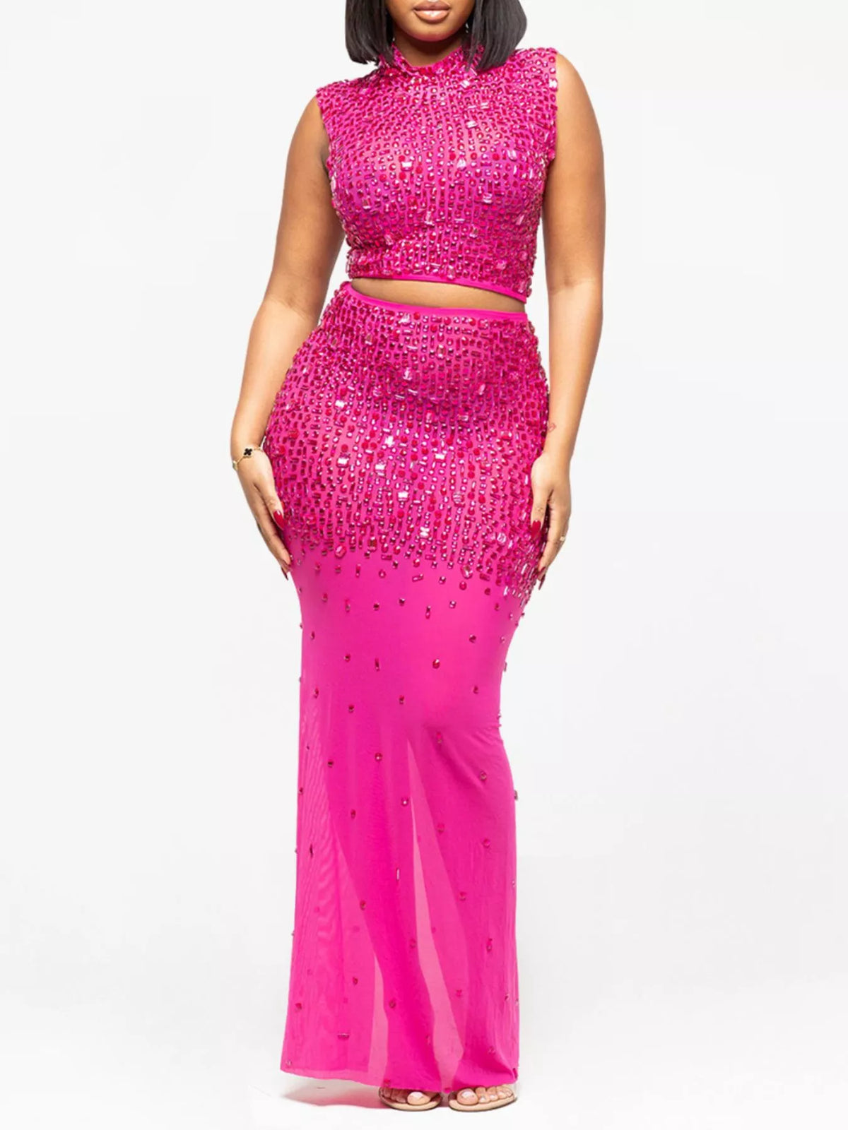 Rhinestone Sleeveless Top Skirt Set
