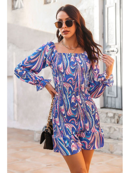Abstract Print Square Neck Smocked Dress