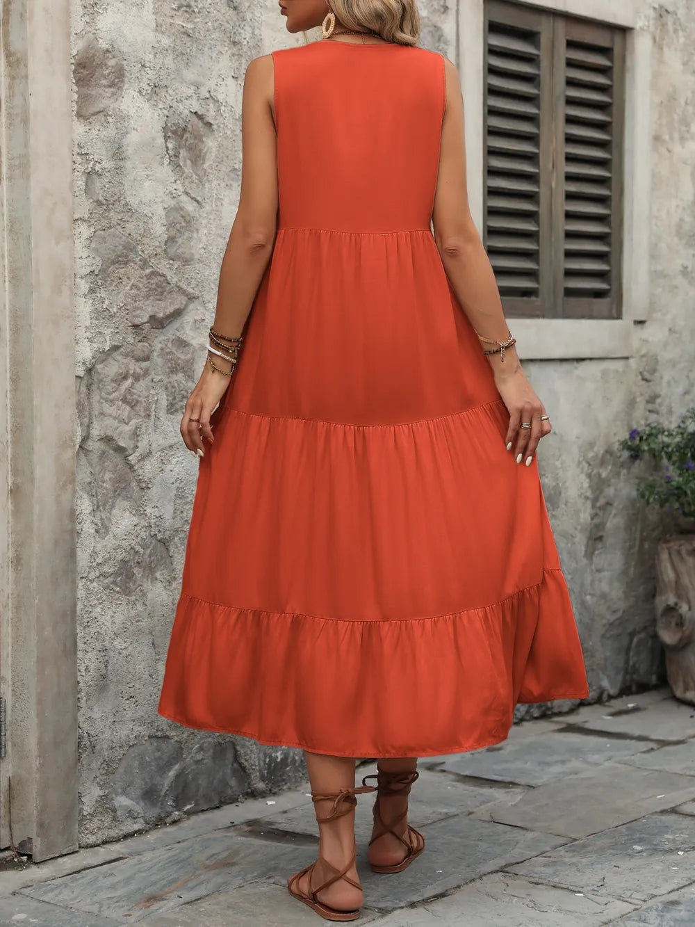 Decorative Button Notched Sleeveless Dress (4)