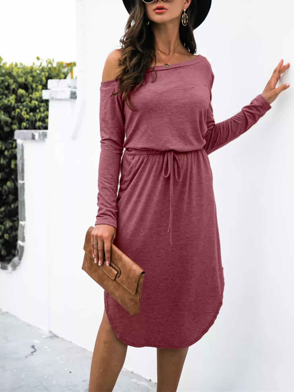 One-shoulder Long Sleeve Midi Dress Drawstring Waist (20)