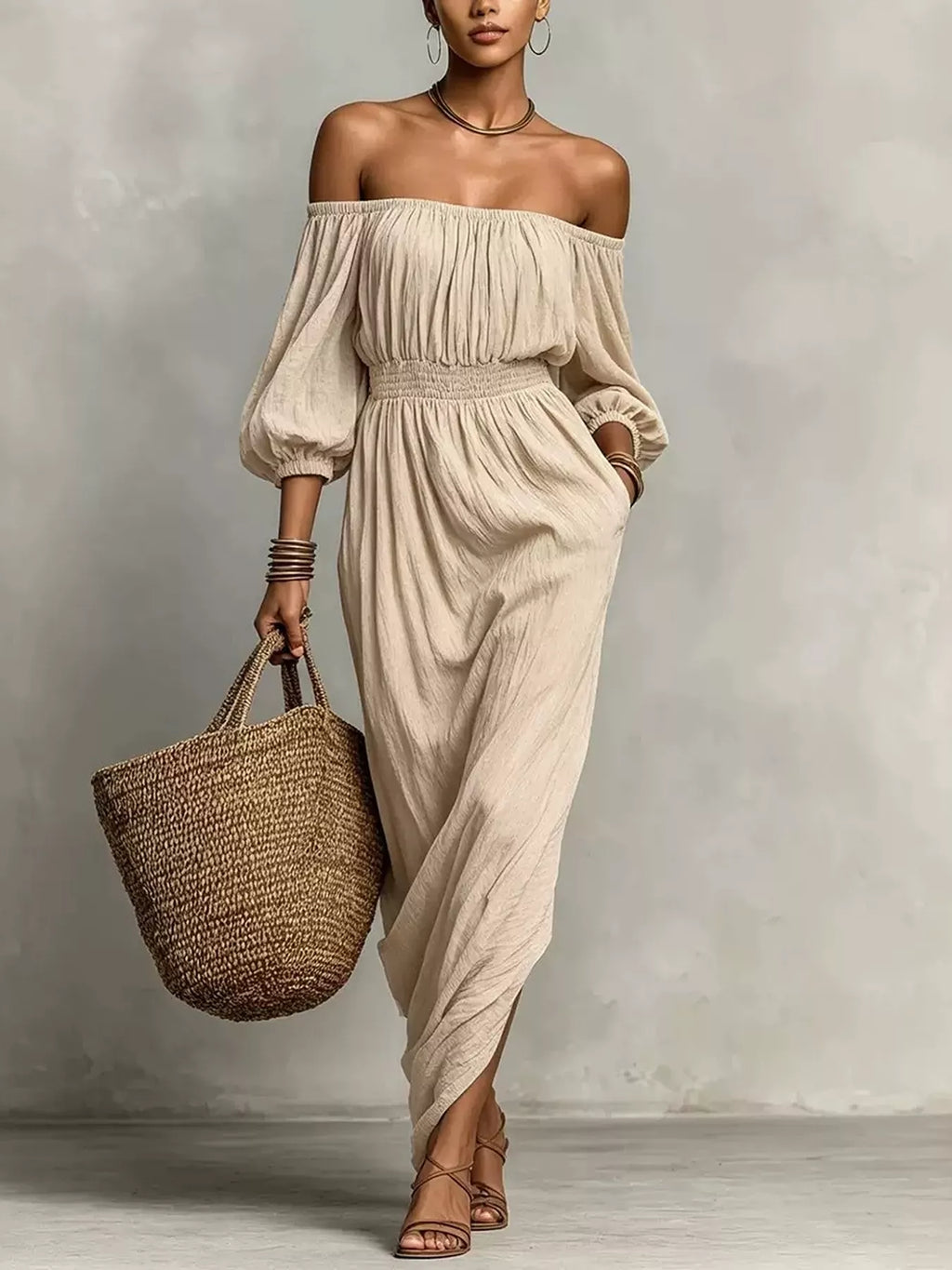 T Off-shoulder Smocked Waist Maxi Dress