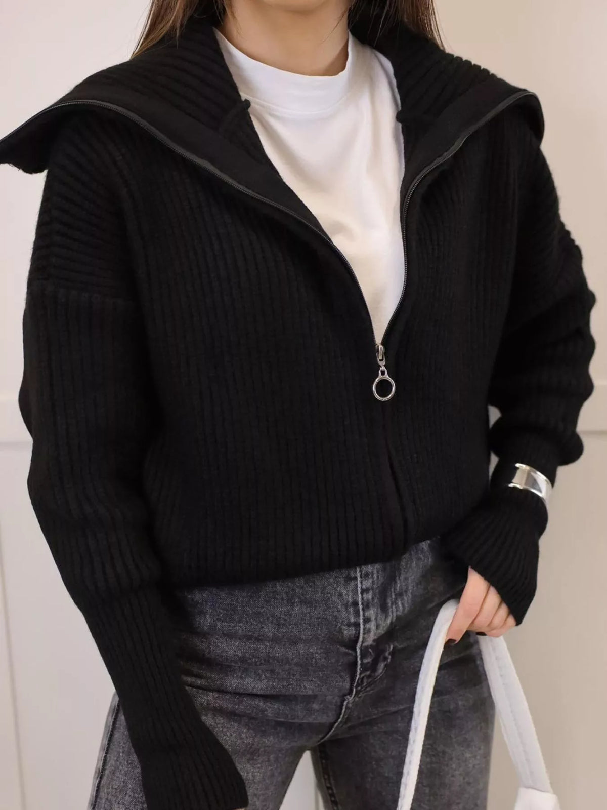 Zip Up Dropped Shoulder Cardigan (9)