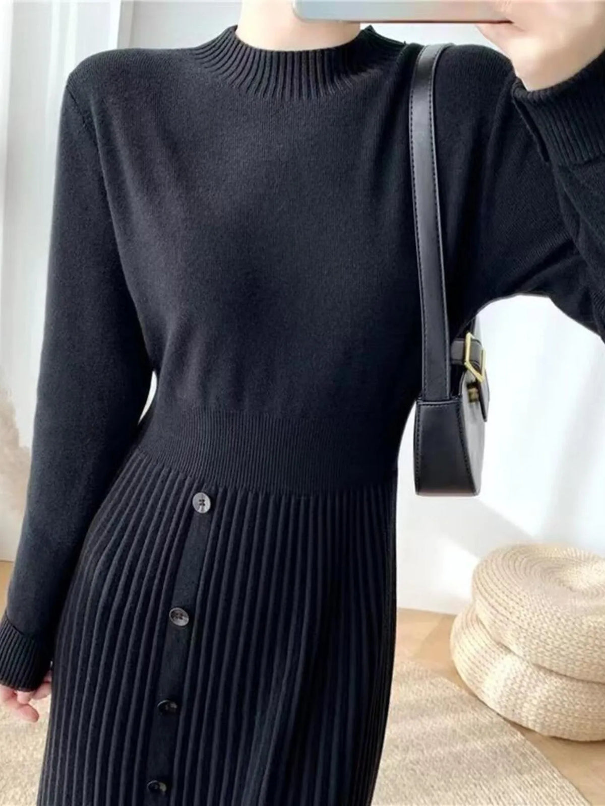 Slit Front Mock Neck Long Sleeve Knit Dress (2)