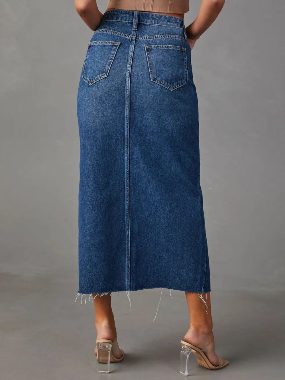 Raw Hem Front Slit Denim Midi Skirt (6)