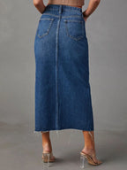 Raw Hem Front Slit Denim Midi Skirt (6)