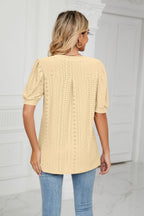 Eyelet Short Puff Sleeve Notched Neck Top (25)